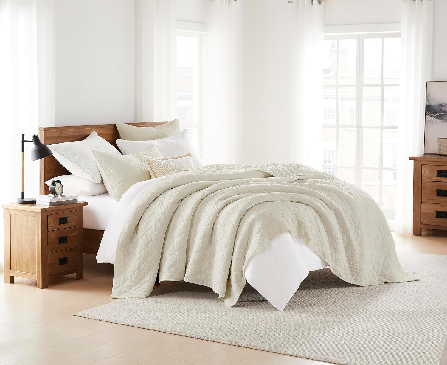 Beige Queen Size palassio Beige Queen Size Quilt Set, Muslin Cotton Shell Down-Alt Poly Filling, Soft Shabby Chic Rustic Farmhouse Country Bedspread, Lightweight Textured Gauze Coverlet, Lightweight Bedding, 2 Shams